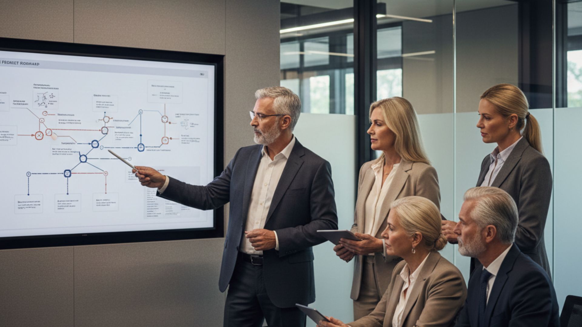 Tech leaders reviewing a strategic product roadmap and milestones on a digital display in a corporate strategy room.