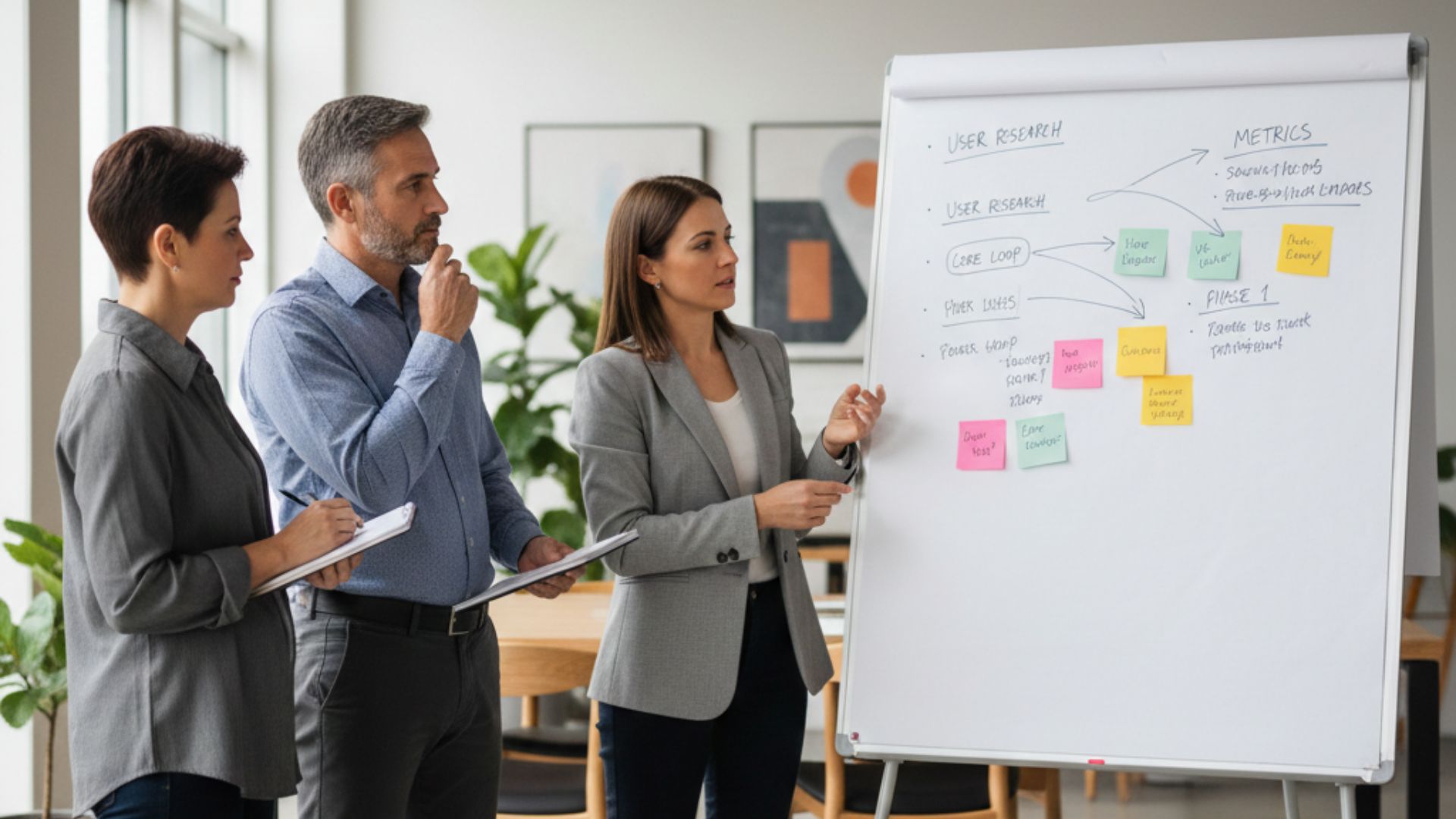 Senior product managers and founders collaborating around a whiteboard with diagrams and sticky notes in a modern office.
